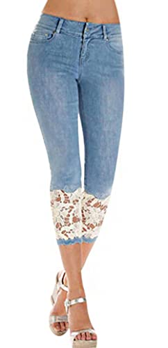 CHARTOU Women Skinny Stretchy Denim Pants Capris Jeans Lace Cropped Jeans Lightweight Denim Pants