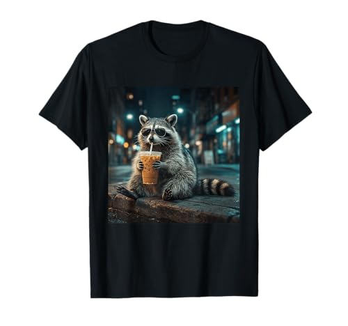 Raccoon Drinking Iced Coffee Animal Meme T-Shirt