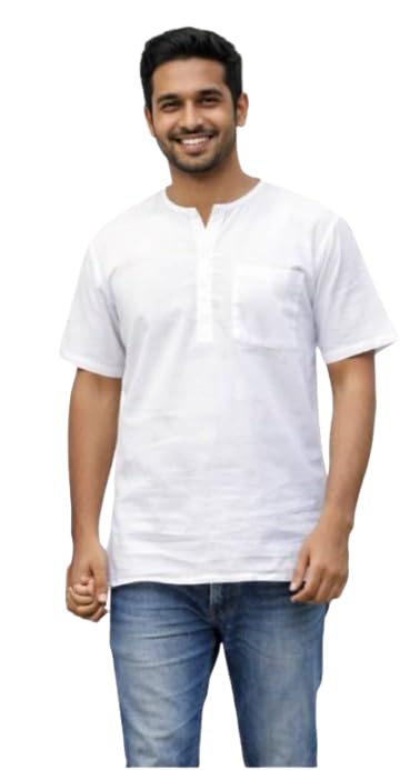Men’s Cotton Short Kurta T-Shirt | Casual Half Sleeve Henley Neck Kurta for Men | Lightweight Summer Wear (White)-picture-43
