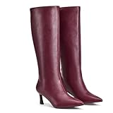 GENSHUO Knee High Boots for Women 2.3 Inch Low Kitten Heel Long Tall Boots with Pointed Toe Winter Fall Sexy Fashion Comfortable Dress Shoes Wine Red Size 9