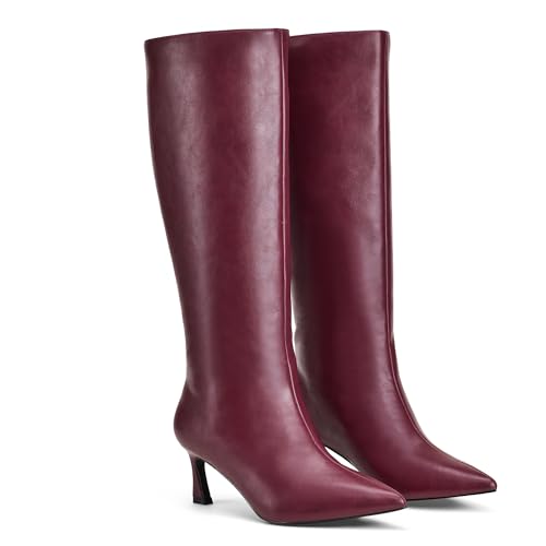 GENSHUO Knee High Boots for Women 2.3 Inch Low Kitten Heel Long Tall Boots with Pointed Toe Winter Fall Sexy Fashion Comfortable Dress Shoes Wine Red Size 9