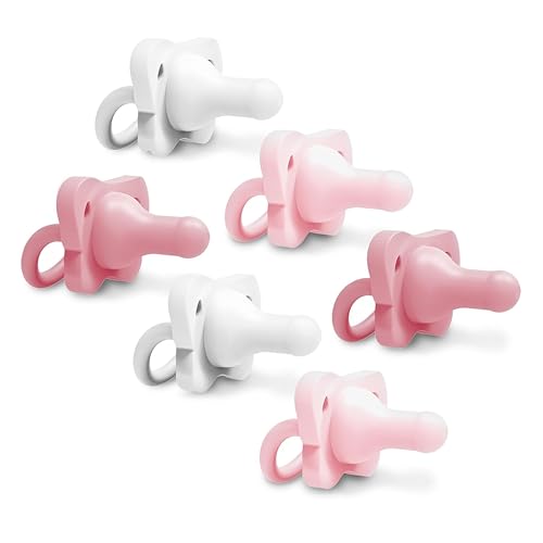 Image of Dr. Brown's HappyPaci 100% Silicone Baby Pacifier, Contoured One-Piece Design, Light Pink/Pink/White - Value Pack, 0-6m, BPA-Free, 6-Pack