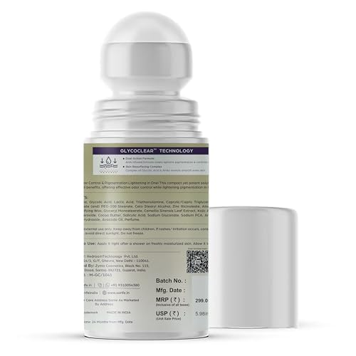 Image of Sanfe Underarm Lightening Roll On (Oudh) with 5% AHA, Glycolic Acid & Salicylic acid 0.5% W /W | For Underarms | Lightens & Remove Pigmentation | Deodorant for Underarms | Glycoclear Technology | Men & Women