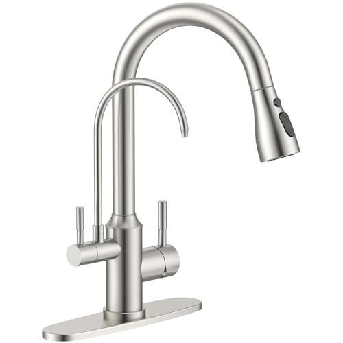 APPASO Kitchen Faucet with Water Filter, CUPC Certified Water Hose, Pull Out 3 Way Sink Faucets with Sprayer, High Arch 2 Handle Faucet - 2 in 1 Faucets Brushed Nickel, Without Filtration Device