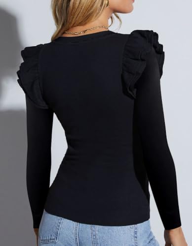 Ezbelle Women's Long Sleeve V Neck Ruffle Shirts Ribbed Knit Blouses Sxey Trendy Fall Tops 2026 Fashion4