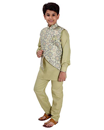 Image of FOURFOLDS Ethnic Wear Kurta Pyjama with Waist Coat Jacket for Kids and Boys FE612