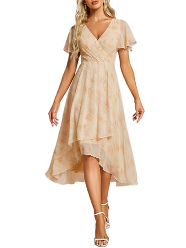 Ever-Pretty Robe D'Invité Jupe Trapèze Col V Manches Volantées Robe Femme Chic et Elegant Belle Robe Soirée Rose Dorée 40