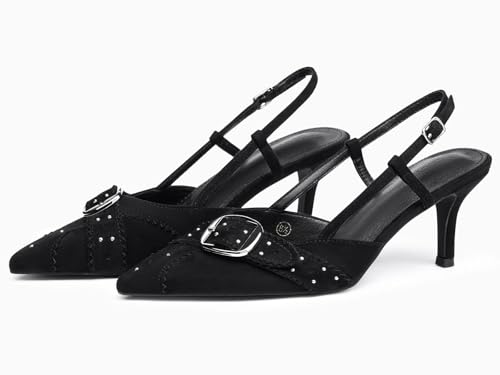 Image of Coutgo Womens Slingback Kitten Heels Studded Closed Pointed Toe Pumps with Buckle Party Dress Shoes