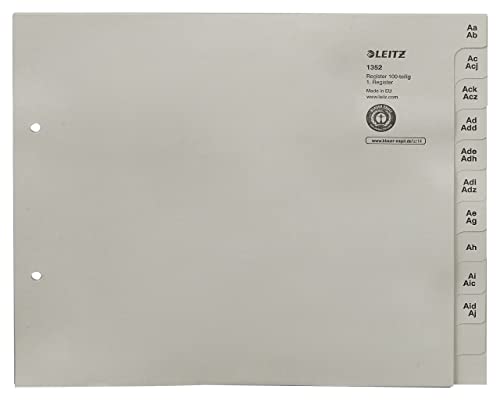Leitz Register, Trennblätter mit Taben und alphabetischem Aufdruck A-Z für 100 Ordner, Halbe Höhe und Überbreite, Grau, 100% recyceltes Papier, Blauer Engel Siegel, 13520085