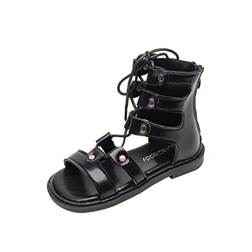 Toddler Girls Lace-up Sandals Back Zipper Open Toe Sandals Summer Strappy Sandals Casual Shoes (Black, 12.5 Little Child)
