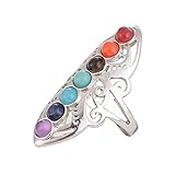 Design-Merkmal: Long Statement Ring Regenbogensteinen, einschließlich simulierter Jasper, Bernstein, Tigerauge, Türkis, Howlite, Lapis und Amethystheilungsstil, der sich an den Wurzeln von Chakra-Farben ausrichtet. Perfekt für Yoga-Liebhaber und kostenlose Geister, die Gleichgewicht und Ruhe suchen. Mehrere Größen