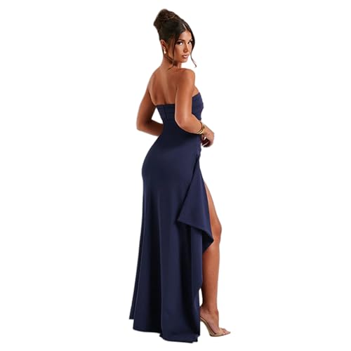 Image of Women's Off Shoulder Backless Ruched Bodycon Dress Sexy Strapless High Split Long Maxi Dresses for Party Cocktail