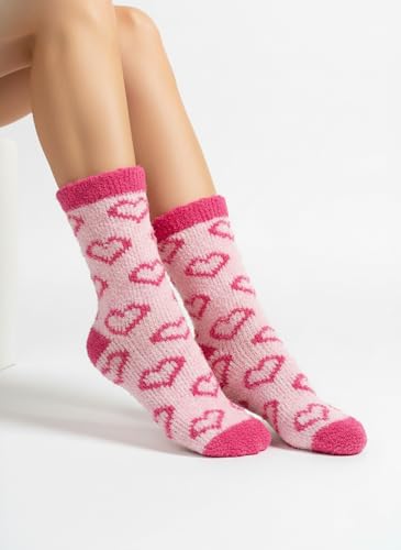 Image of Chiclinco 6 Pairs Heart Fuzzy Socks Cozy Winter Warm Socks Thick Fluffy Slipper Socks for Women Teen Girls