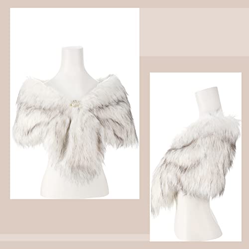 Faux Fur Shawl Wrap Stole Shrug Winter Bridal Wedding Scarf Wrap with Faux Pearl Rhinestone Brooches for Women 1920s