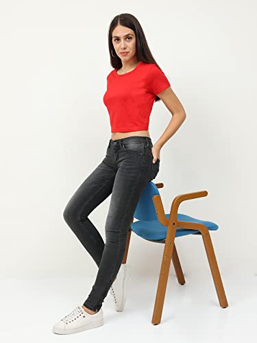 Image of FLEXIMAA Women's Cotton Plain Round Neck Half Sleeve Crop Top