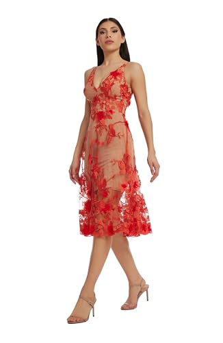 Image of Dress The Population Womens Audrey Spaghetti Strap Midi A-line 3D Floral Dress