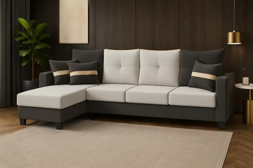 Image of CASASTYLE Vogue 5 Seater Fabric LHS L Shape Sofa Set (Light Grey-Dark Grey) Velvet Finish | Comfortable Sectional Sofa for Living Room