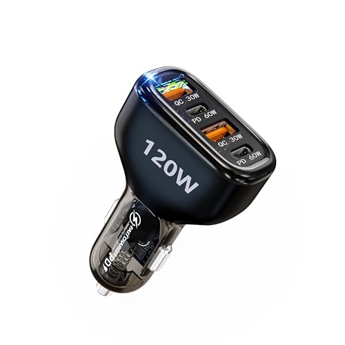 LINKWOW 120W Fast Charging Car Charger 4-Port USB C Car Charger Adapter - Moblie Phone Adapter Power Inverter - Super Fast Charger for iPhone 16/15/14/13/12/11 Samsung Galaxy Black