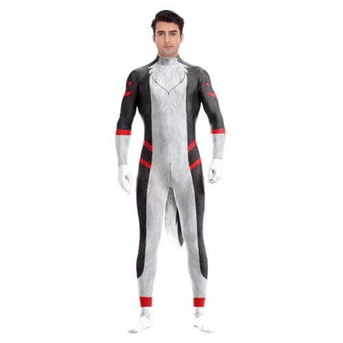Image of Animal Full Bodysuit for Men Muscle Spandex Jumpsuit Furry Costume with Big Tail for Adult Cosplay Halloween Party