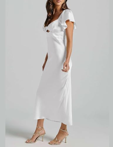 Image of Summer Satin Flutter Sleeve Wedding Guest Dresses for Women Sweetheart Neckline Cutout Tie Back Midi Cocktail Dress