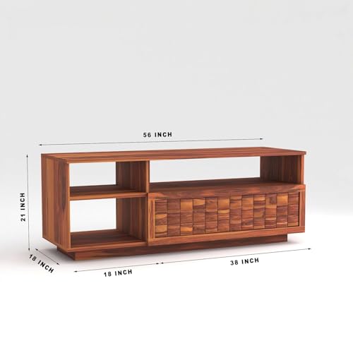 Image of Solid Sheesham Wood TV Unit for Living Room 55 Inch Furniture - Wooden TV Unit with Storage Cabinet with Drawer, 3 Shelves Wooden TV Cabinet - Accommodates up to 55-Inch TV (Thomas, Honey)