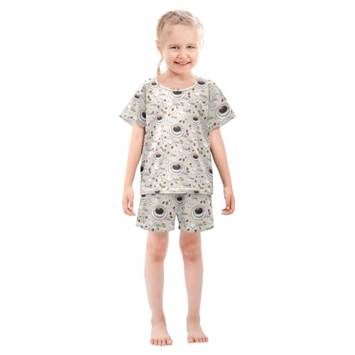 Coffee Beans Coffee Cups Spoon Pajama Set, Short Sleeve Cotton Sleepwear Nightwear3
