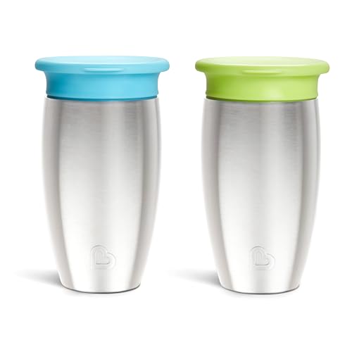 Munchkin Stainless Steel Sippy Cups for Toddlers 1-3, Spill Proof Miracle 360 Cup, Insulated, 10 Ounce, 2 Pack, Blue/Green