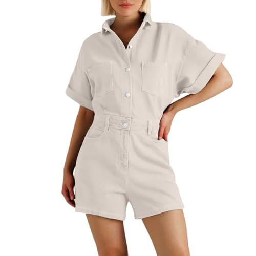 Genérico Mono de Una Pieza para Mujer Verano Manga Corta Rayas Jumpsuit Cuello en V Botón Casual Playsuit