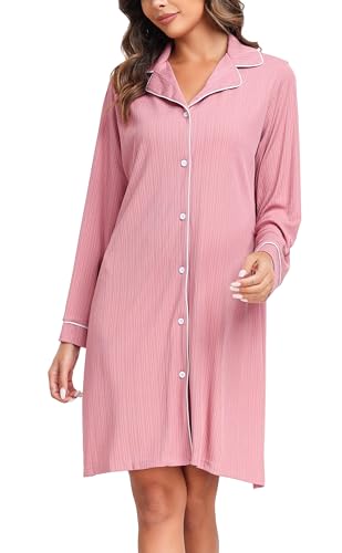 Vlazom Damen Nachthemd Langearm V-Ausschnitt mit Knöpfe Weich Umstandskleid Stillnachthemd Sleepshirt Nachthemd Freizeitkleid（L，Stil A-Rosa）