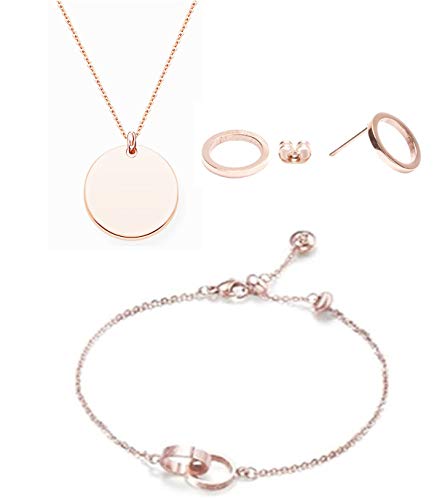 Preisvergleich Produktbild Mixiueuro Damen-Schmuckset mit 14 Karat Rotgold vergoldetem Edelstahlkreis-Anhänger, Halskette, offener Kreis, Ohrstecker und Doppelringe, minimalistischer Stil, nickelfrei