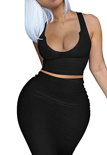 2 Piece Outfit Maxi Dress for Women, Summer Deep U Neck Sleeveless Tank Crop Tops Long Skirt Set Party Bodycon Dresses2