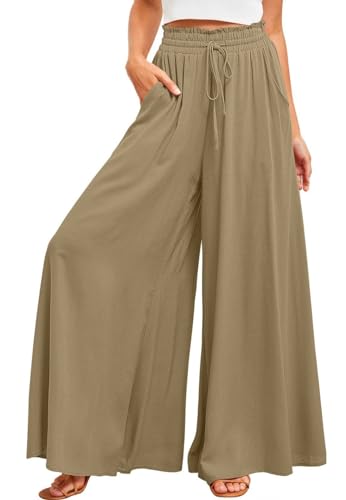 Anna-Kaci Solid Color Shirred High Waist Wide Leg Palazzo Pants for Women3