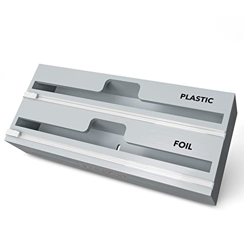 SpaceAid WrapNeat 2 in 1 Wrap Organizer with Cutter and Labels, Plastic Wrap, Aluminum Foil and Wax Bamboo Dispenser for Kitchen Storage Organization Holder for 12" Roll (Gray)