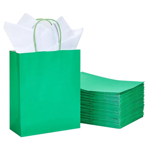 DjinnGlory 50 Pack Medium Size Teal Blue Paper Gift Bags with Handles 10x8x4 Inch and 50 White Tissue Paper for Small Business Wedding Bridal Baby Shower Birthday Party Favors Goodies