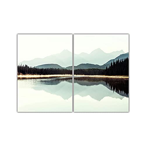 Peinture lac et montagne pour mur vide salon affiche nature moderne lot de 2 toiles 60x90