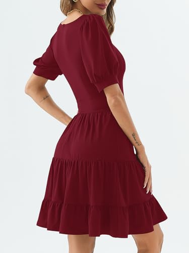 Image of Women's Square Neck A-Line Summer Dress Puff Sleeve Flared Swing High Waist Smocked Flowy Midi Casual Dress for Office /Party Burgundy
