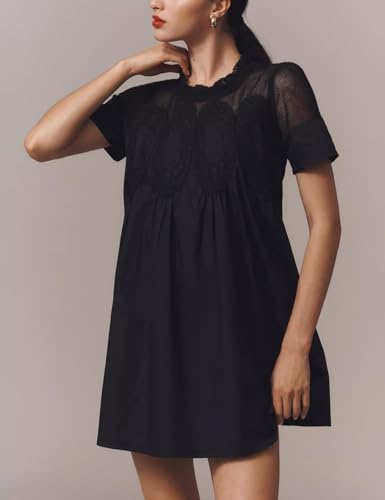 Shiyifa Womens Babydoll Lace Patchwork Dresses Summer Short Sleeve Ruffle Sundress Loose Crew Neck A-Line Dresses3