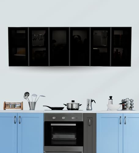 Image of SPECIALITY PANELS Aluminium Black Profile 6 Door Wall Cabinet | Grey Tinted Glass Handless Shutters | Wall Mounted Kitchen Storage Cupboard | Modern Space Saving Organizer (Slate Grey Finish)