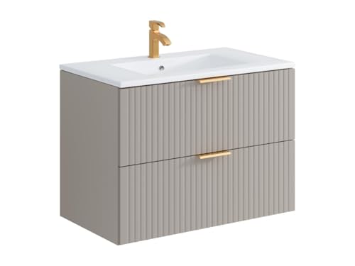 Vente-unique - Meuble de Salle de Bain Suspendu strié avec Vasque à encastrer - Beige - 80 cm - ZEVARA