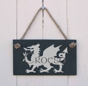 Welsh Slate Hanging Sign "Croeso" with Artistic Welsh Dragon Design