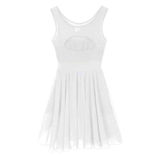 FEESHOW Women Contemporary Dance Costume Lyrical Dance Costume Illusion V-Neck Chiffon Flowy High-Low Leotard Dress White Medium