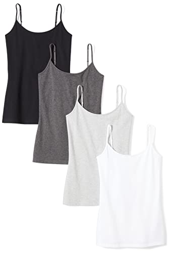 Amazon Essentials Women's Slim-Fit Camisole with Adjustable Straps, Layering Cami, Pack of 4, Black/Charcoal Heather/Light Grey Heather/White, Medium