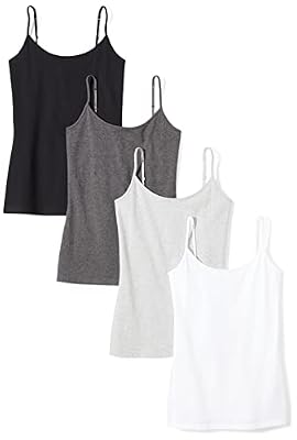 Amazon Essentials Women's Slim-Fit Camisole with Adjustable Straps, Layering Cami, Pack of 4, Black/Charcoal Heather/Light Grey Heather/White, Medium