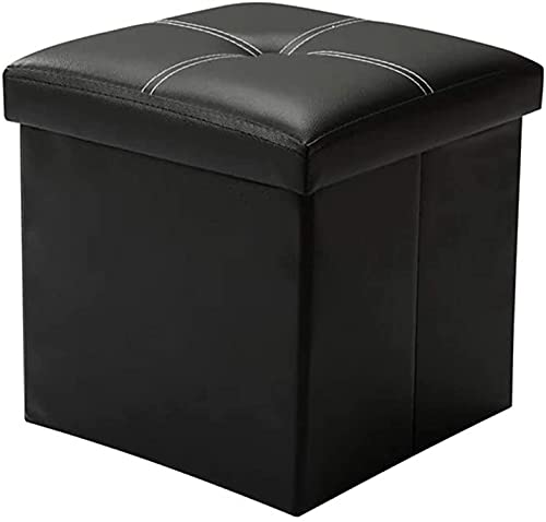 Tiemahun Organizer Folding Storage Ottoman Cube / Puppy Step / Footrest Stool/Toy Box Faux Leather Chest with Memory Foam Seat, Bench Seat Foot Rest Stool Coffee Table (Black)