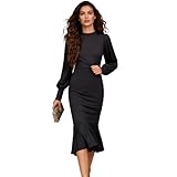 GOZINA Elegant Puff Sleeve Midi Dress for Women UK, Bodycon Ruffle Hem Design, Wedding Guest Outfit, Cocktail Party & Evening Formal Wear Black