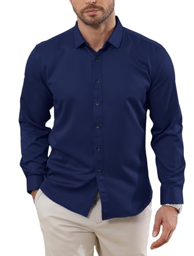 Halfword Camisas Formal Hombre Manga Larga Negocios Botones Elegantes Vestir Casual Boda Regular Fit Azul-Oscuro L