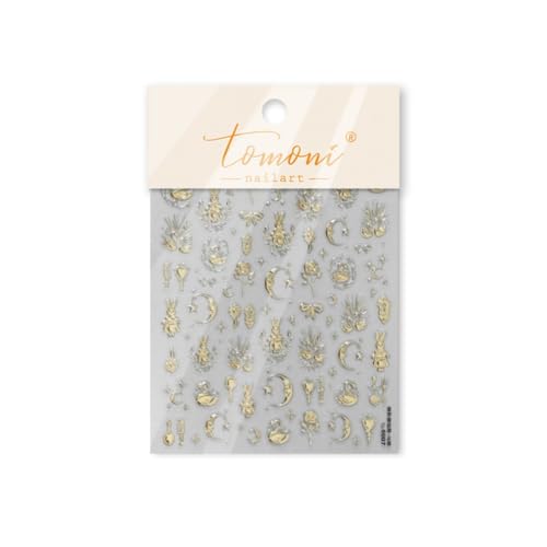 Image of Vintage Nail Stickers Moon Rose Bow Self Adhesive Nail Art Decal Decoration | Metallic Golden Retro Design Rabbit & Swan Nail Stickers 5D Embossed Decals for Women Luxury Style Nail Art Charms Supply