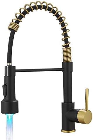 Black and Gold Kitchen Faucet with Pull Down Sprayer, WOTOKOL Black Kitchen Faucet with LED Light Brass Single Handle Matte Black Faucet for Kitchen Sink