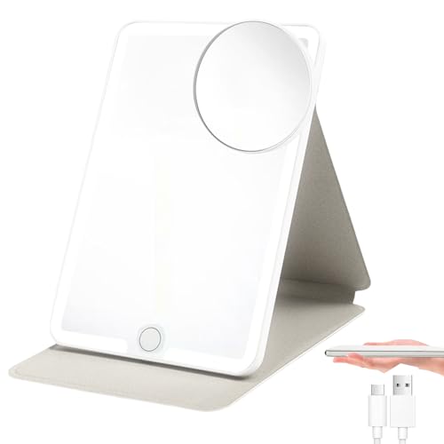 Espelho Maquiagem com LED Portátil e Aumento 10X, Espelho de Mesa Ultra Fino e Dobrável em Couro PU com Toque, 3 Cores de Luz e USB, para Viagem, Maquiagem e Escritório