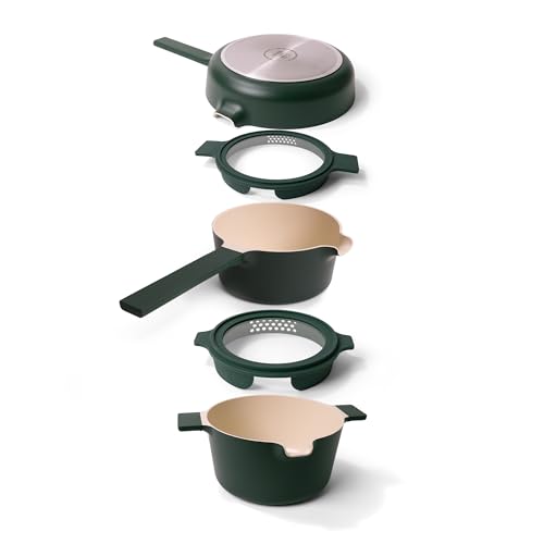 Alva Neat 5-Piece Space-Saving Ceramic Cookware Set, Health-Conscious PFAS/PTFE/PFOA-Free, Recycled Aluminum with Stackable Design, Oven & Induction Safe, Effortless Cleaning for Small Kitchens, Green